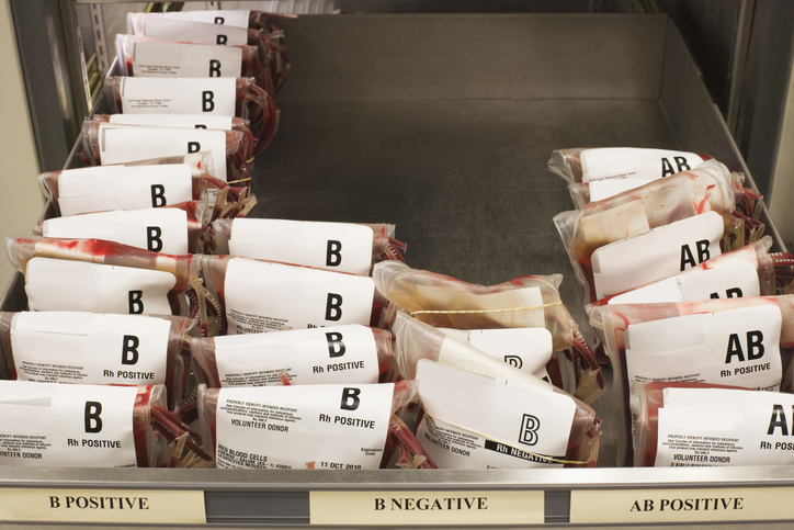 Photo shows a tray containing bags of several different types of blood/Getty Images